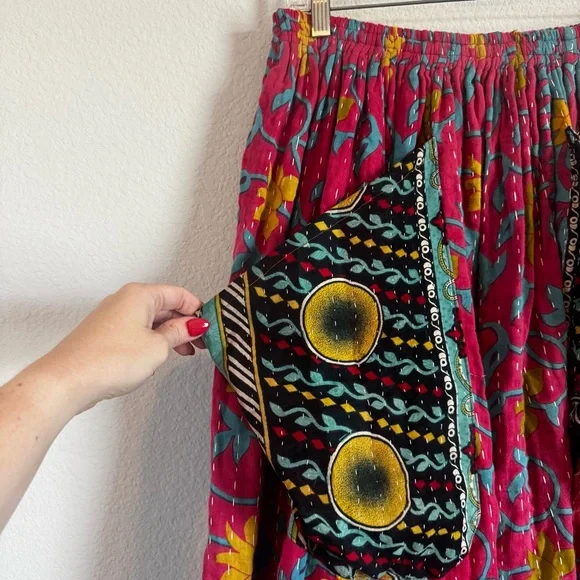 Jaded Gypsy Kantha Patchwork Floral Boho Festival Pockets Maxi Skirt Free Size - Picture 4 of 12